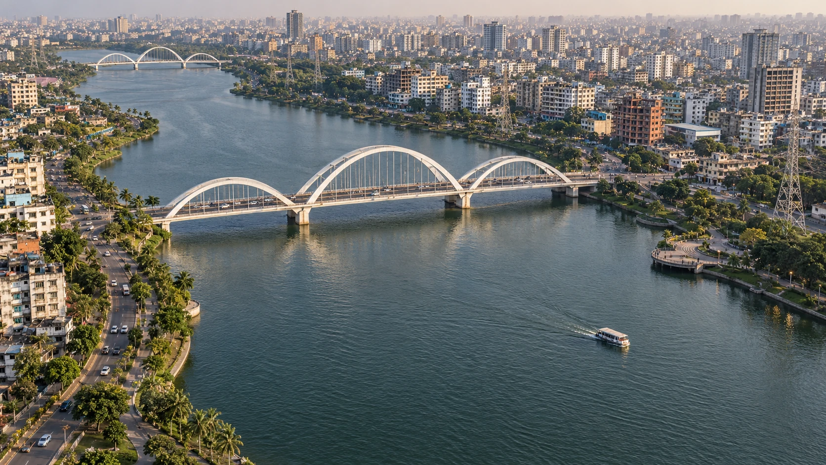 AI-generated aerial visualization of Hatirjheel lake and arch bridges in Dhaka